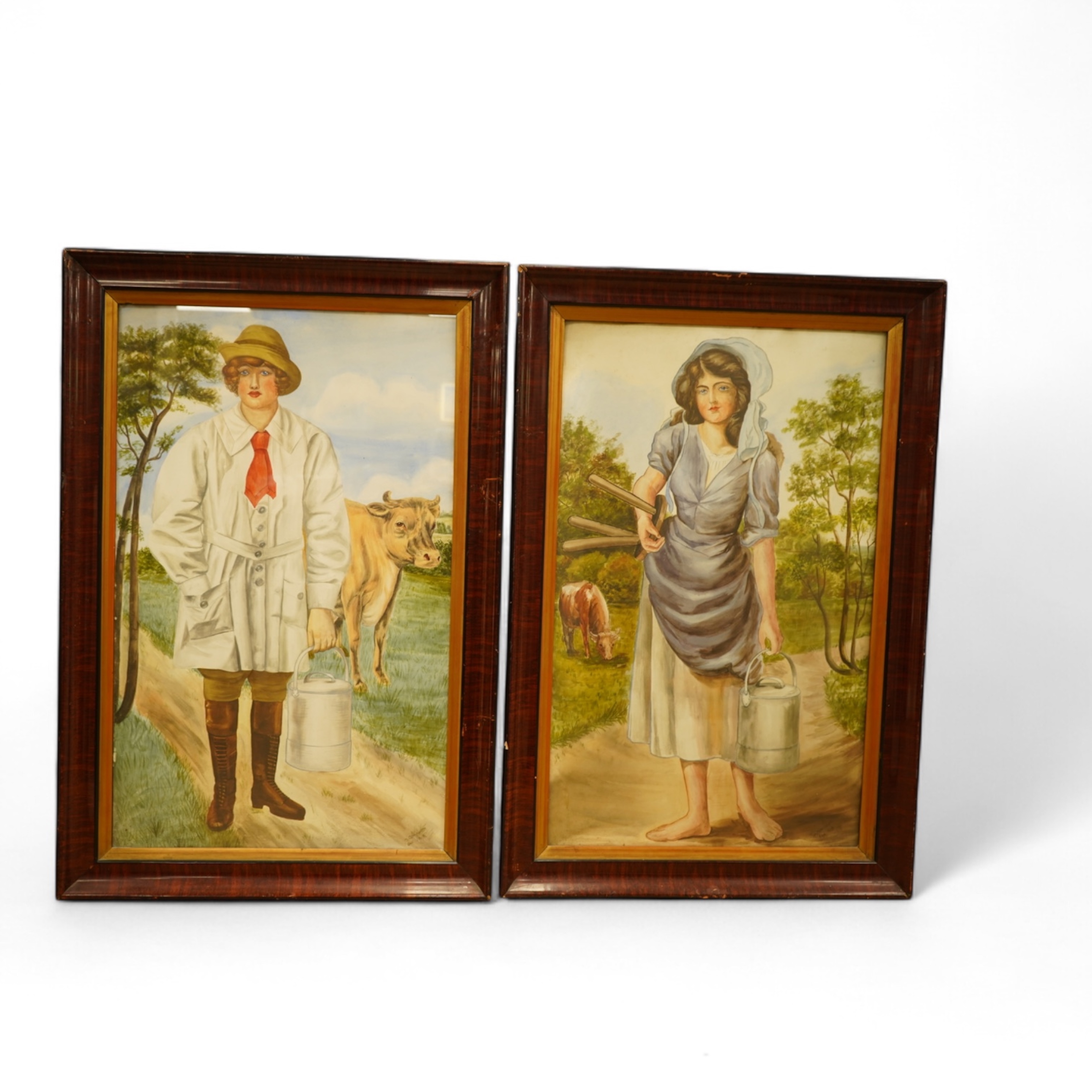 M. Compson, Studies of dairymaids before cattle, each signed and dated Jan 1919 and Oct 1919, pair of watercolours, 74 x 45cm